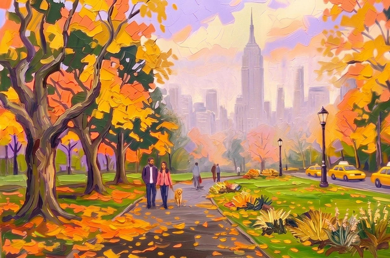 Oil painting of two people and a dog walking together through a colorful autumn park, with the city skyline and Empire State Building in the background.