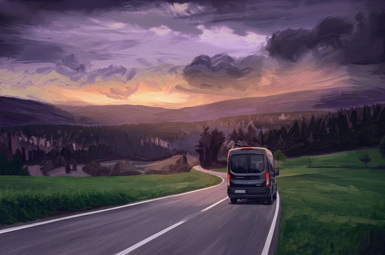 An impressionistic oil painting of a landscape under a purple, cloud-filled sky. In the foreground, a dark van drives on a winding road through green fields. Mountains are visible in the background, with the sun rising or setting over them.