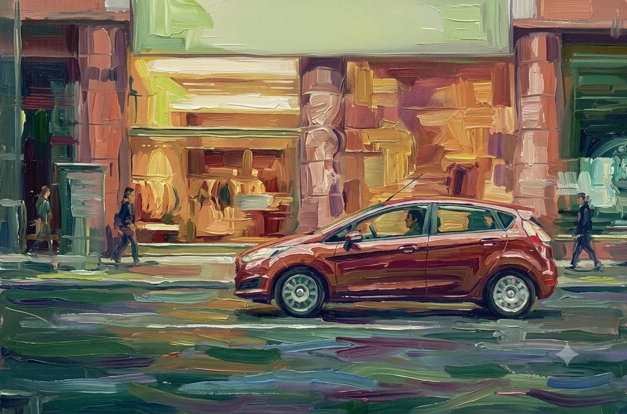 Oil painting of a red hatchback driving past warmly lit storefronts on a city street.