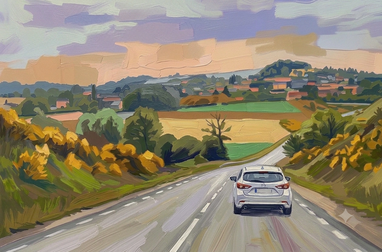 Oil painting of a white car driving down a country road through rolling farmland while providing a non emergency medical ride.