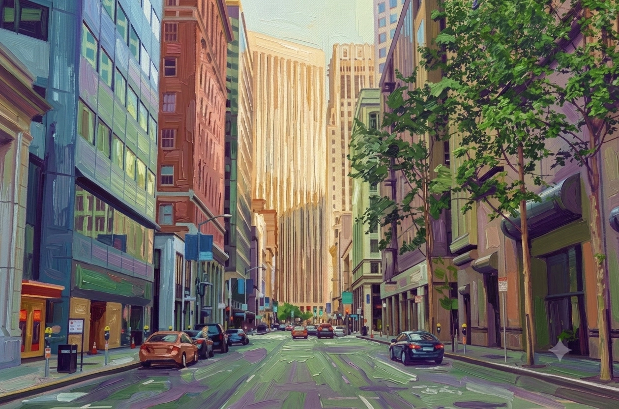 Oil painting of a sunlit downtown street lined with tall buildings and parked cars.