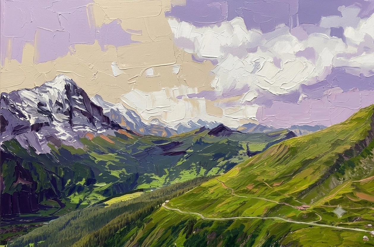 Oil painting of a green alpine valley with a snow-capped mountain under a lavender sky.