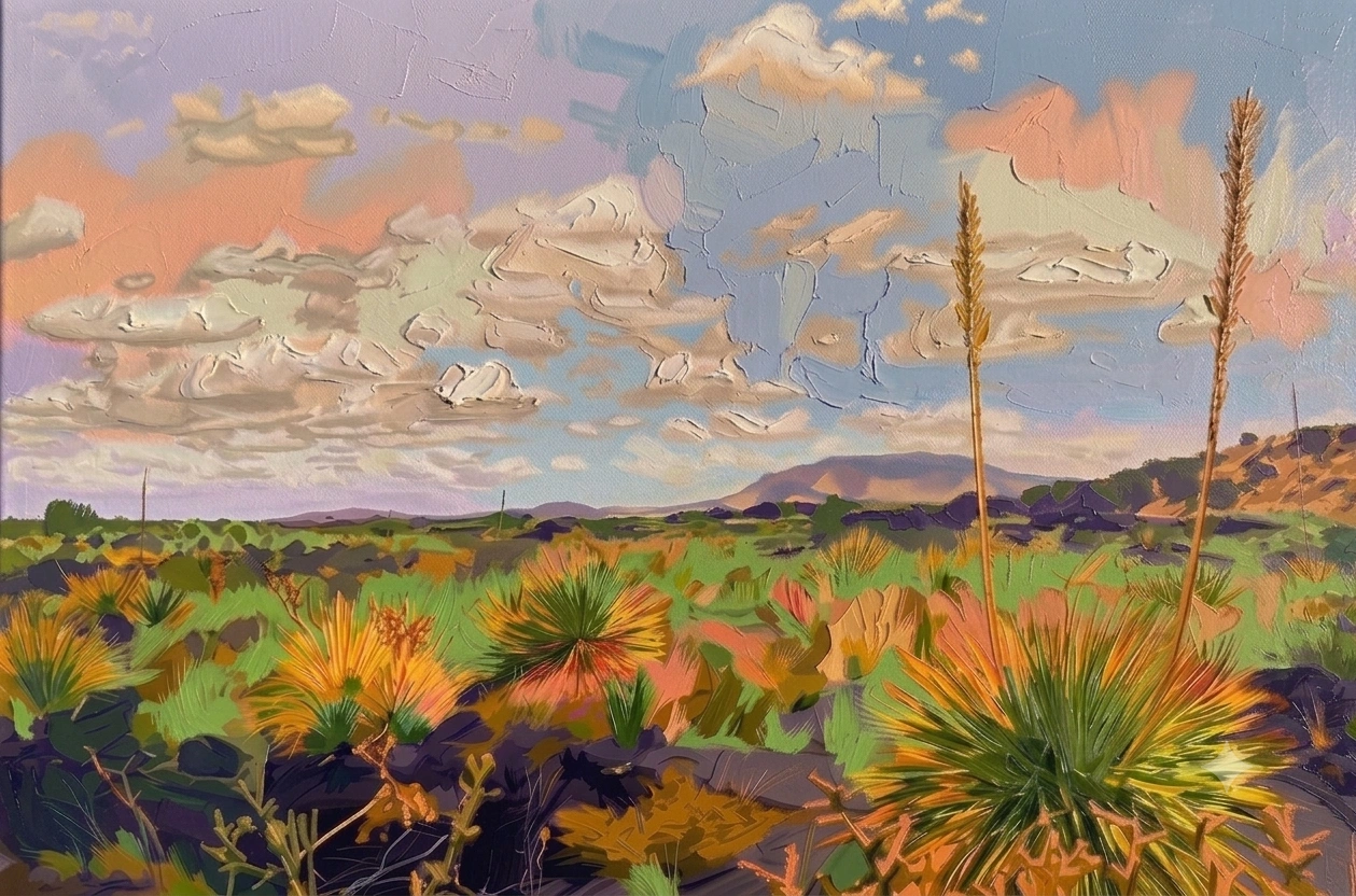Oil painting of a New Mexico desert landscape with yucca plants under a bright, cloud-filled sky.