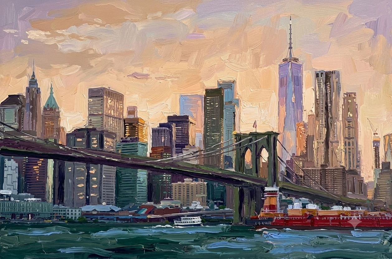 Oil painting of the Brooklyn Bridge and Manhattan skyline at golden sunset.