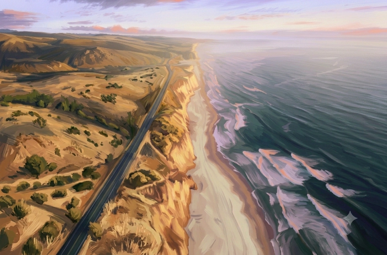 An aerial painting depicts a coastal highway running along high cliffs next to the deep blue sea. The view focuses downward on a narrow stretch of paved road as it snakes between a rolling, brush-covered golden-brown landscape and a sharp, sandy cliff face that drops off into the Pacific Ocean. White waves crash onto the shore below, while the distance shows a foggy horizon under a light pink and purple sunset sky with gentle clouds.
